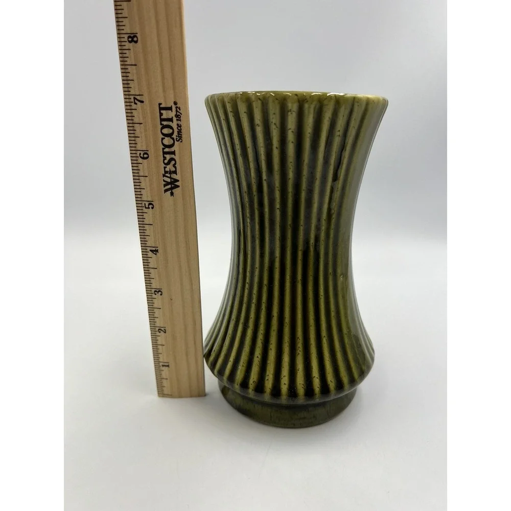 Vintage UPCO Ribbed Green Vase Mid Century Modern Farmhouse Decor Pottery